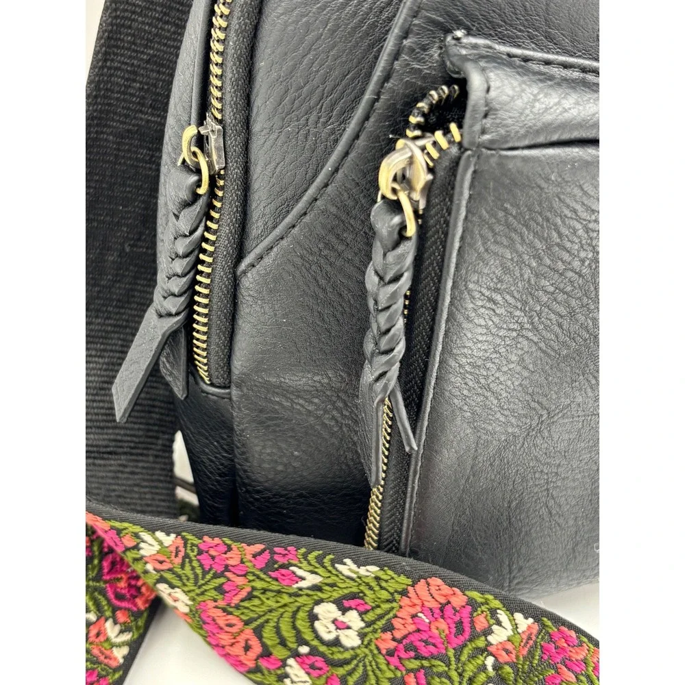 ANTIK KRAFT Black Vegan Leather Crossbody Sling Bag Floral Strap Embroidered